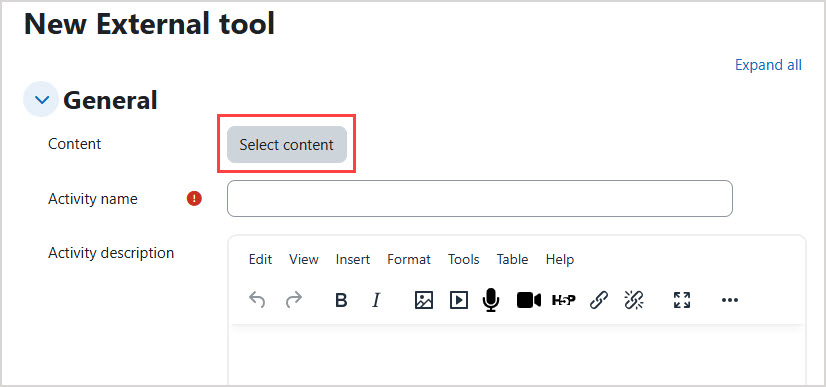 The Select content button is highlighted.